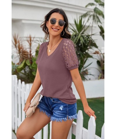 Waffle Knit Lace Short Sleeve Blouses V Neck T Shirts Summer Casual Tops for Women 02 Rust Red $15.11 Blouses