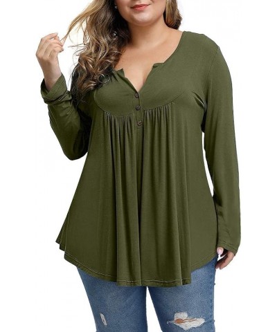 Plus Size Tops Women Long Sleeve Fall Tunics Loose Fit V Neck Pleated Shirts Army Green $8.39 Tops