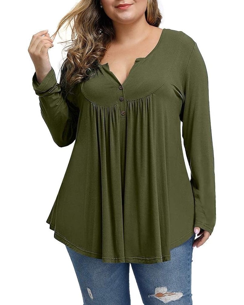 Plus Size Tops Women Long Sleeve Fall Tunics Loose Fit V Neck Pleated Shirts Army Green $8.39 Tops