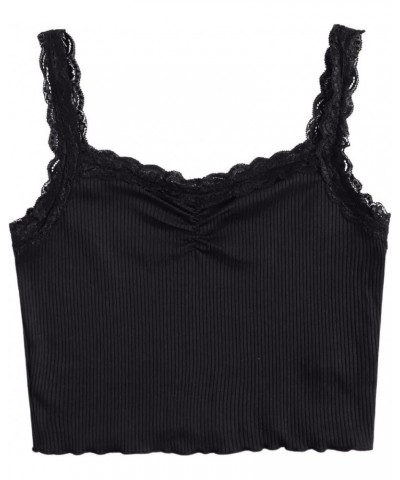 Women's Sleeveless Scoop Neck Lace Trim Ribbed Knit Crop Cami Tank Top Black XS $10.44 Tanks