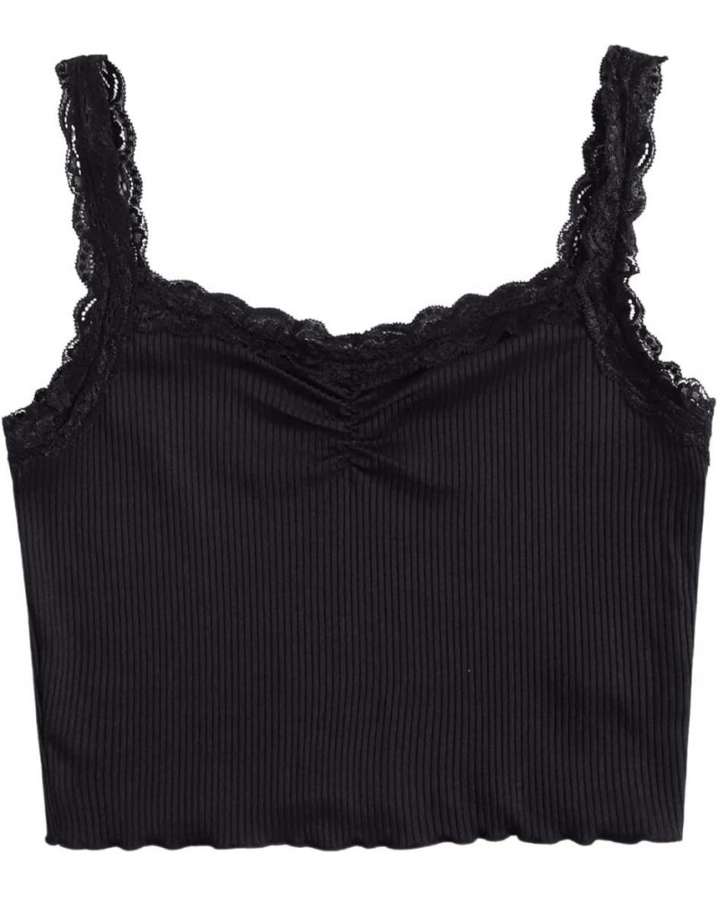 Women's Sleeveless Scoop Neck Lace Trim Ribbed Knit Crop Cami Tank Top Black XS $10.44 Tanks