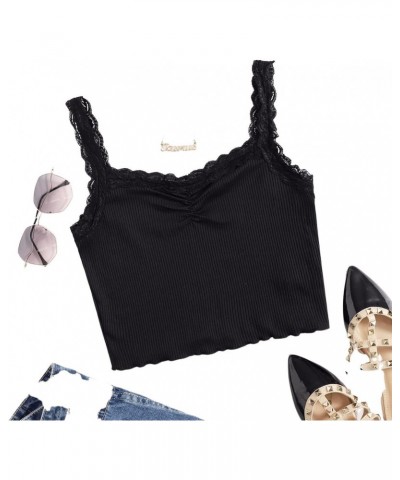 Women's Sleeveless Scoop Neck Lace Trim Ribbed Knit Crop Cami Tank Top Black XS $10.44 Tanks