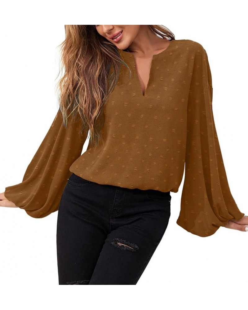 Blouses for Women V Neck Chiffon Casual Balloon Sleeve Shirts Loose Long Sleeve Tunic Tops Light Coffee $14.21 Blouses