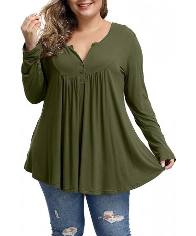 Plus Size Tops Women Long Sleeve Fall Tunics Loose Fit V Neck Pleated Shirts Army Green $8.39 Tops