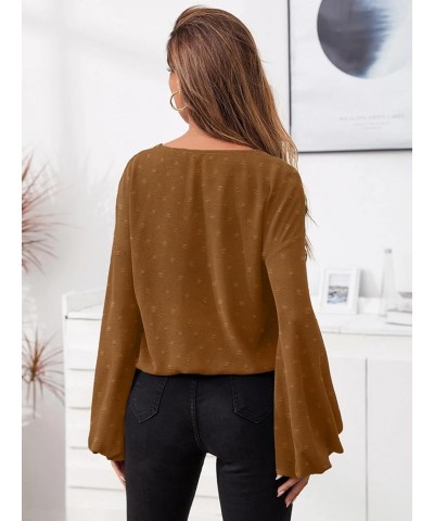 Blouses for Women V Neck Chiffon Casual Balloon Sleeve Shirts Loose Long Sleeve Tunic Tops Light Coffee $14.21 Blouses