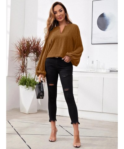 Blouses for Women V Neck Chiffon Casual Balloon Sleeve Shirts Loose Long Sleeve Tunic Tops Light Coffee $14.21 Blouses