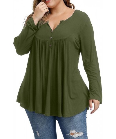 Plus Size Tops Women Long Sleeve Fall Tunics Loose Fit V Neck Pleated Shirts Army Green $8.39 Tops