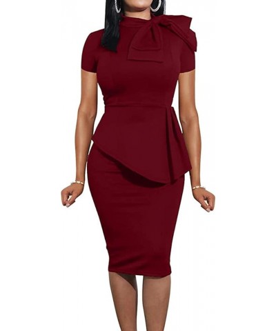 Women's Fashion Peplum Bodycon Dresses Short Sleeve Bow Club Ruffle Pencil Party Dress 5427 Burgundy $19.43 Dresses