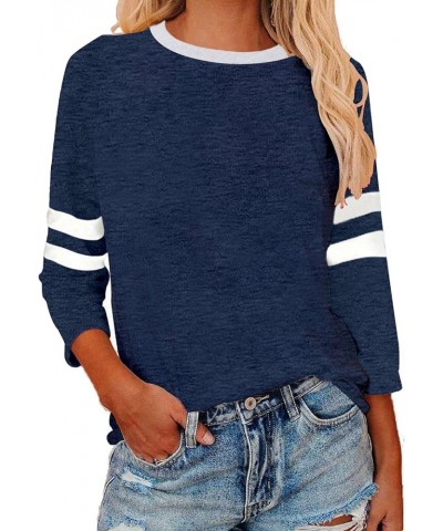 Womens 3/4 Sleeve Fashion Crewneck Tops Patchwork Blouse Casual Loose Comfy Shirt 1 Dark Blue $11.00 Blouses