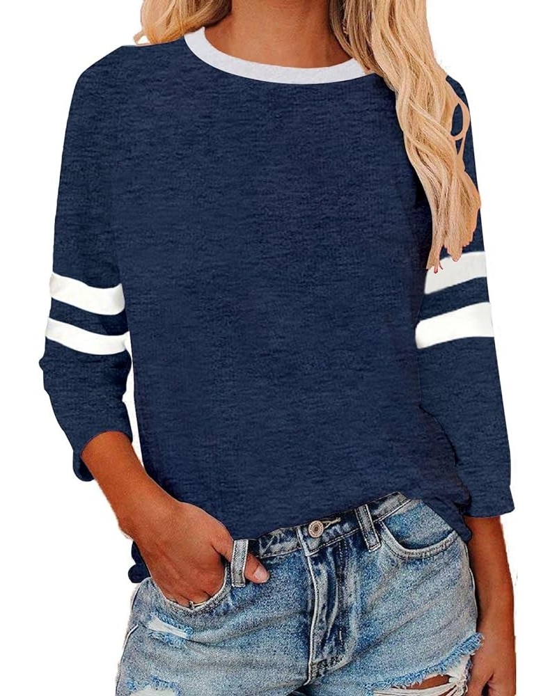 Womens 3/4 Sleeve Fashion Crewneck Tops Patchwork Blouse Casual Loose Comfy Shirt 1 Dark Blue $11.00 Blouses