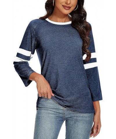 Womens 3/4 Sleeve Fashion Crewneck Tops Patchwork Blouse Casual Loose Comfy Shirt 1 Dark Blue $11.00 Blouses