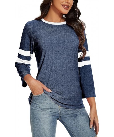 Womens 3/4 Sleeve Fashion Crewneck Tops Patchwork Blouse Casual Loose Comfy Shirt 1 Dark Blue $11.00 Blouses