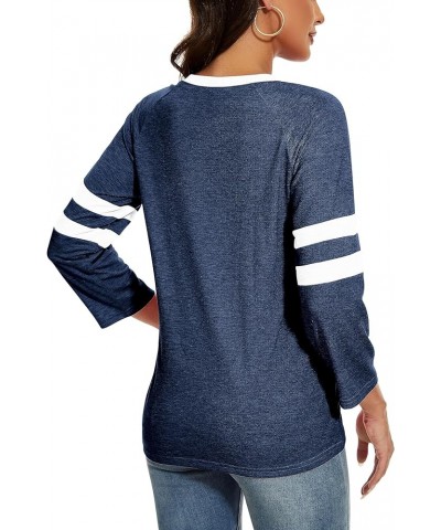 Womens 3/4 Sleeve Fashion Crewneck Tops Patchwork Blouse Casual Loose Comfy Shirt 1 Dark Blue $11.00 Blouses