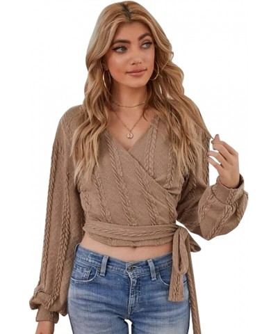 Women's Pullover Ribbed Cropped Knitwear Drawstring Ruched Knitted Crop Top Solid V-Neck Long Sleeve T-Shirt 166_khaki $14.35...