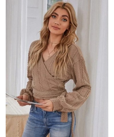 Women's Pullover Ribbed Cropped Knitwear Drawstring Ruched Knitted Crop Top Solid V-Neck Long Sleeve T-Shirt 166_khaki $14.35...