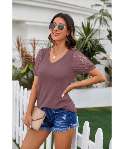 Waffle Knit Lace Short Sleeve Blouses V Neck T Shirts Summer Casual Tops for Women 02 Rust Red $15.11 Blouses