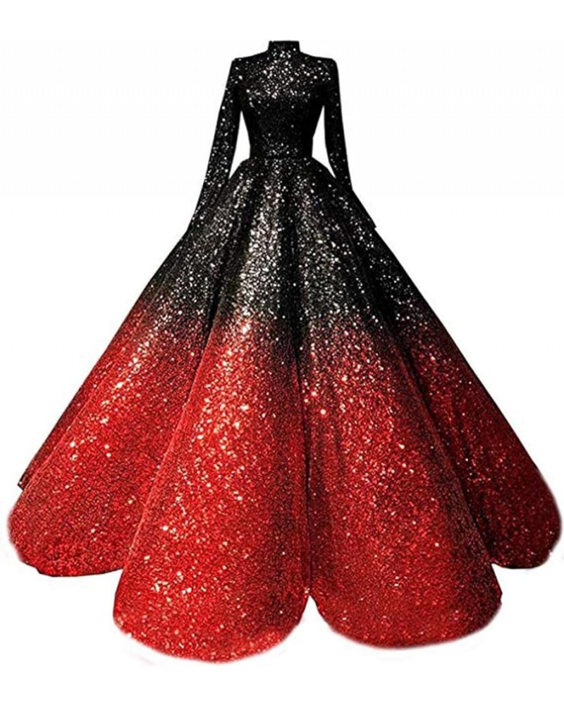 Women's High Neck Sequins Ball Gown for Wedding Long Sleeve Prom Quinceanera Dresses 2020 AR236 Black+red $62.98 Dresses