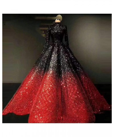 Women's High Neck Sequins Ball Gown for Wedding Long Sleeve Prom Quinceanera Dresses 2020 AR236 Black+red $62.98 Dresses