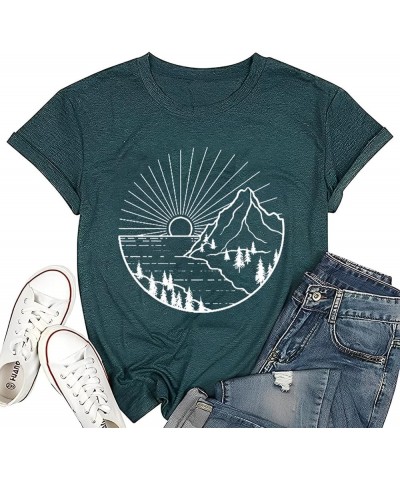 Women Hiking Mountain Shirt Nature Sunrise Graphic Printed Hiking T Shirt Summer Short Sleeve Workout Tee top Green $10.57 Shoes