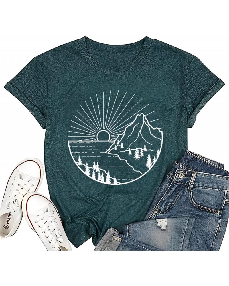 Women Hiking Mountain Shirt Nature Sunrise Graphic Printed Hiking T Shirt Summer Short Sleeve Workout Tee top Green $10.57 Shoes