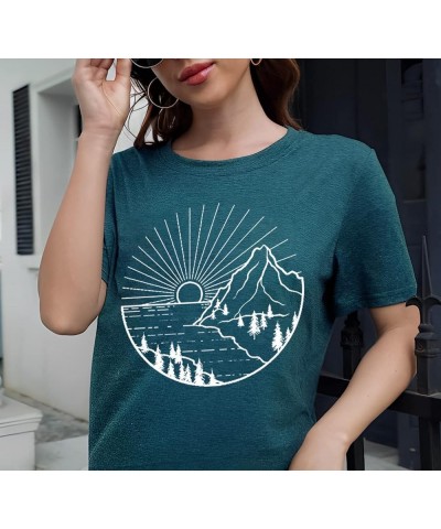 Women Hiking Mountain Shirt Nature Sunrise Graphic Printed Hiking T Shirt Summer Short Sleeve Workout Tee top Green $10.57 Shoes