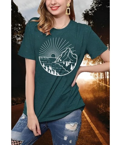 Women Hiking Mountain Shirt Nature Sunrise Graphic Printed Hiking T Shirt Summer Short Sleeve Workout Tee top Green $10.57 Shoes