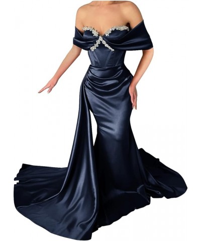 Off Shoulder Mermaid Prom Dresses for Women Sweetheart Satin Evening Gown Maxi Bodycon Party Dress Navy Blue $43.99 Dresses