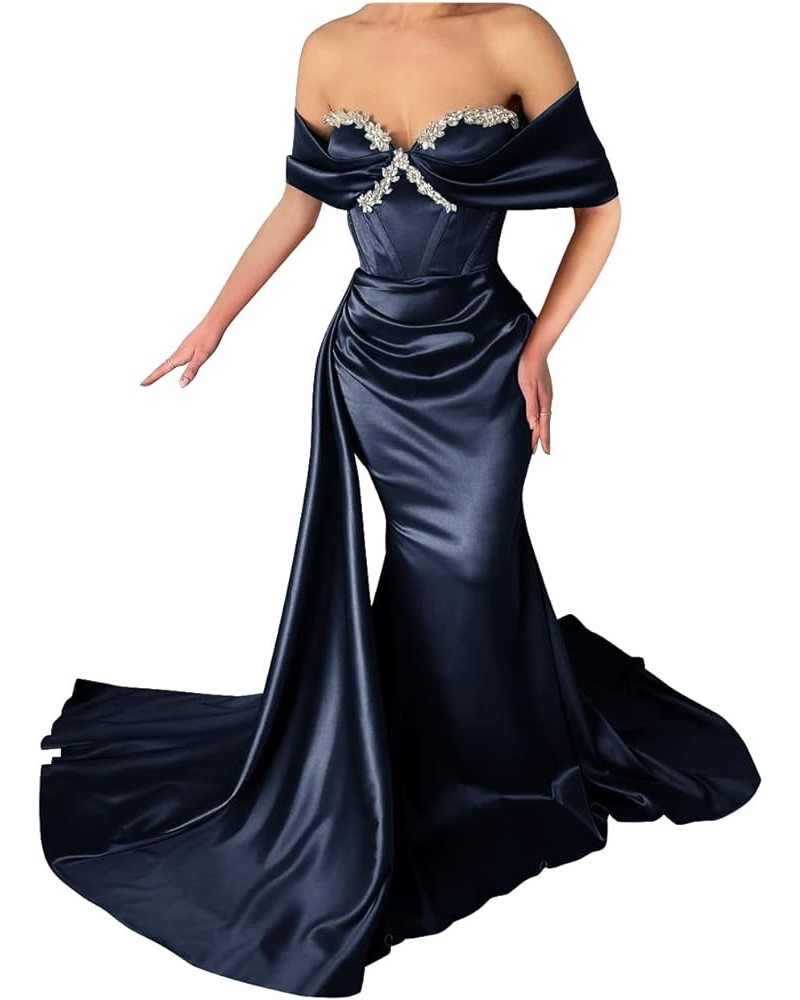 Off Shoulder Mermaid Prom Dresses for Women Sweetheart Satin Evening Gown Maxi Bodycon Party Dress Navy Blue $43.99 Dresses