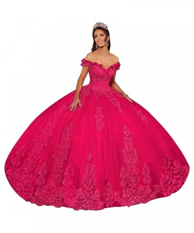 Lace Applique Quinceanera Dresses Off Shoulder Puffy Tulle Sweet 15 16 Ball Gowns Hot Pink $56.00 Dresses