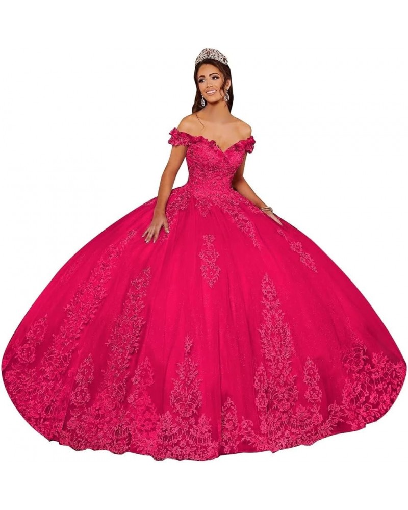 Lace Applique Quinceanera Dresses Off Shoulder Puffy Tulle Sweet 15 16 Ball Gowns Hot Pink $56.00 Dresses