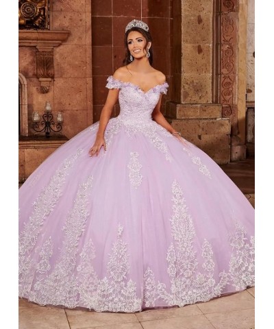 Lace Applique Quinceanera Dresses Off Shoulder Puffy Tulle Sweet 15 16 Ball Gowns Hot Pink $56.00 Dresses