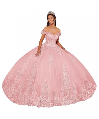 Lace Applique Quinceanera Dresses Off Shoulder Puffy Tulle Sweet 15 16 Ball Gowns Hot Pink $56.00 Dresses