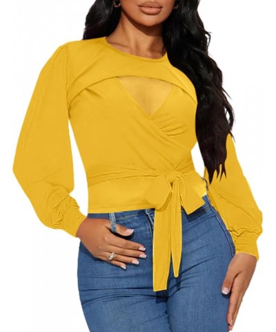 Womens Elegant Tops Long Sleeve Crewneck Mesh Shirts Belted Waist Casual Pullover Top Yellow $15.05 Tops