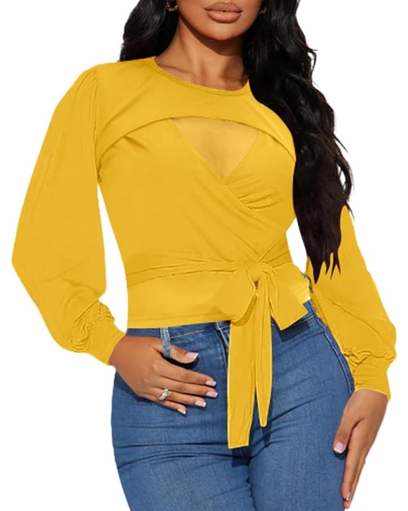 Womens Elegant Tops Long Sleeve Crewneck Mesh Shirts Belted Waist Casual Pullover Top Yellow $15.05 Tops