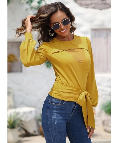 Womens Elegant Tops Long Sleeve Crewneck Mesh Shirts Belted Waist Casual Pullover Top Yellow $15.05 Tops