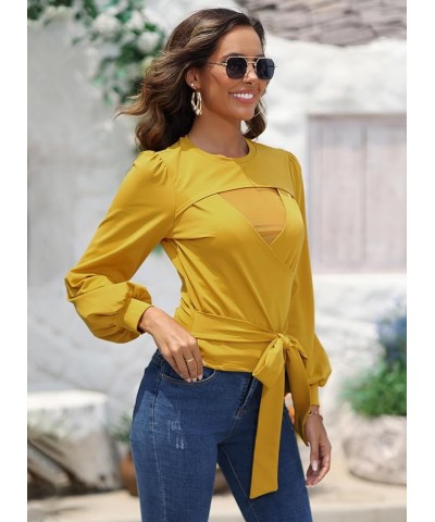 Womens Elegant Tops Long Sleeve Crewneck Mesh Shirts Belted Waist Casual Pullover Top Yellow $15.05 Tops