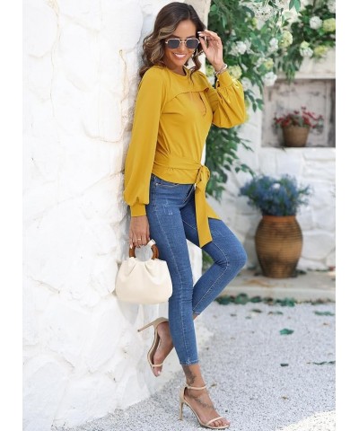 Womens Elegant Tops Long Sleeve Crewneck Mesh Shirts Belted Waist Casual Pullover Top Yellow $15.05 Tops