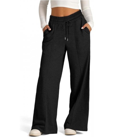 Womens High Waisted Sweatpants with Pockets 2024 Fall Y2k Jogger Pants Baggy Lounge Trousers Cinch Bottom Sweatpants D01-blac...