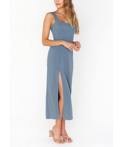 Women's Square Neck Sleeveless Bodycon Wide Strap Tank Dress Side Split Tight Midi Dress Blue $15.96 Dresses