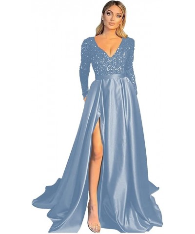 V Neck Sequin Evening Gowns Long Sleeve Satin Ball Gown Prom Dresses High Slit Formal Dresss for Women Black Dusty Blue $49.0...