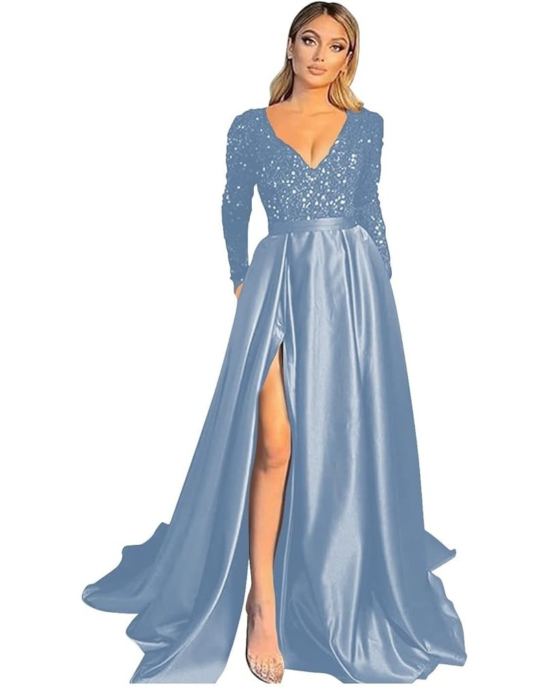 V Neck Sequin Evening Gowns Long Sleeve Satin Ball Gown Prom Dresses High Slit Formal Dresss for Women Black Dusty Blue $49.0...