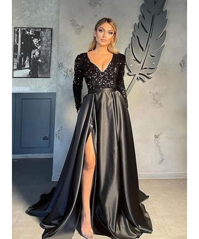 V Neck Sequin Evening Gowns Long Sleeve Satin Ball Gown Prom Dresses High Slit Formal Dresss for Women Black Dusty Blue $49.0...