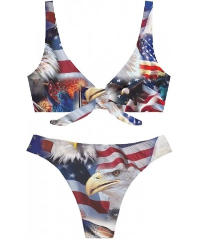 Cool American Flag Print Women's Sexy Bikini Thong Bandage Swimsuit Tie Knot Front Swimwear Set 2Pcs Flag Eagle $14.49 Swimsuits