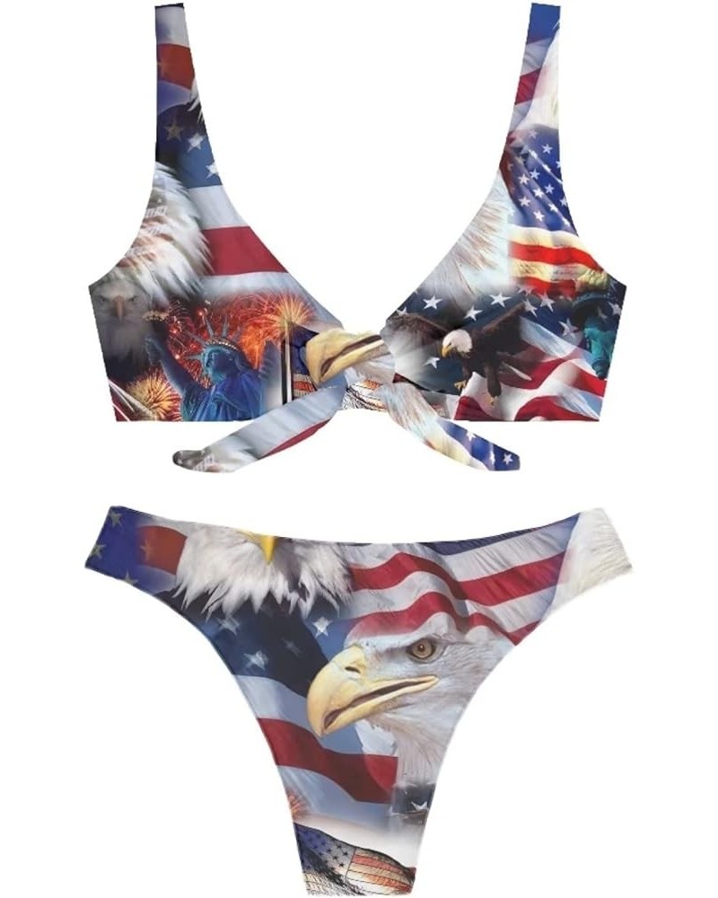 Cool American Flag Print Women's Sexy Bikini Thong Bandage Swimsuit Tie Knot Front Swimwear Set 2Pcs Flag Eagle $14.49 Swimsuits