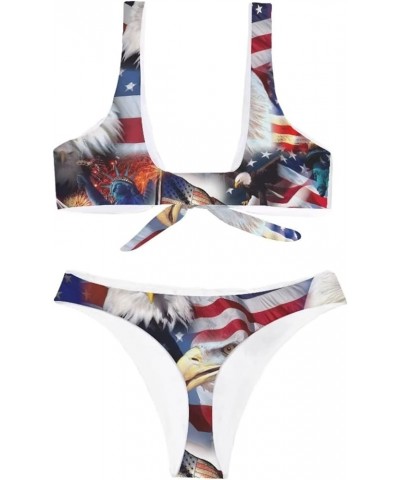 Cool American Flag Print Women's Sexy Bikini Thong Bandage Swimsuit Tie Knot Front Swimwear Set 2Pcs Flag Eagle $14.49 Swimsuits