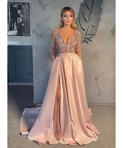 V Neck Sequin Evening Gowns Long Sleeve Satin Ball Gown Prom Dresses High Slit Formal Dresss for Women Black Dusty Blue $49.0...