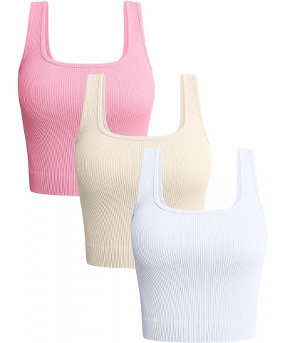 Women's 3 Piece Tank Tops Ribbed Seamless Workout Exercise Shirts Yoga Crop Tops Candypink Beige White $14.00 Activewear