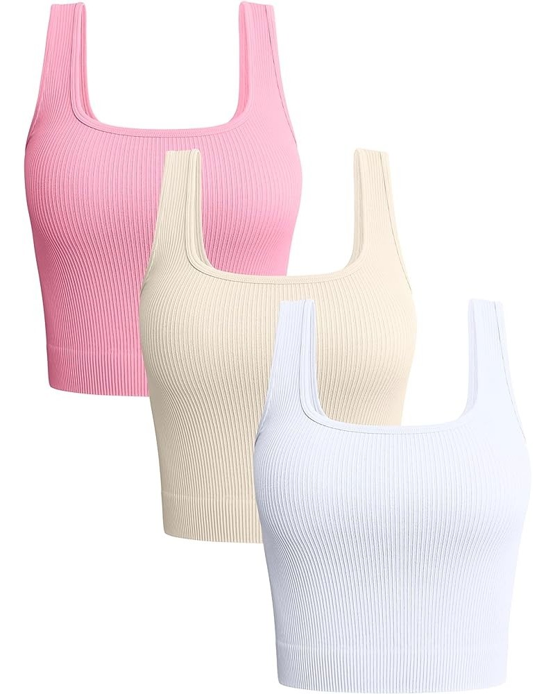 Women's 3 Piece Tank Tops Ribbed Seamless Workout Exercise Shirts Yoga Crop Tops Candypink Beige White $14.00 Activewear