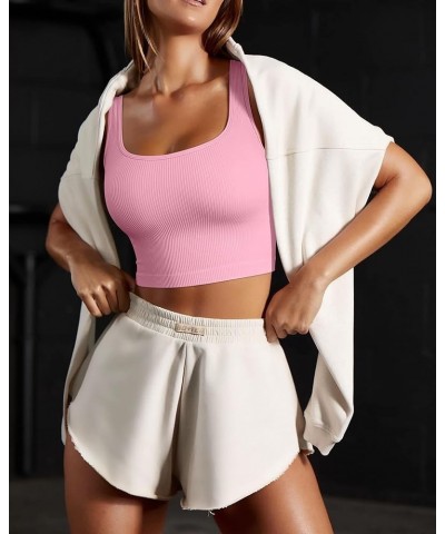 Women's 3 Piece Tank Tops Ribbed Seamless Workout Exercise Shirts Yoga Crop Tops Candypink Beige White $14.00 Activewear