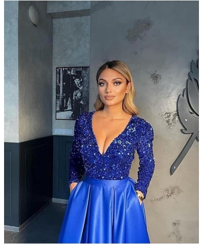 V Neck Sequin Evening Gowns Long Sleeve Satin Ball Gown Prom Dresses High Slit Formal Dresss for Women Black Dusty Blue $49.0...